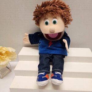 Silly Puppets Tommy Peach Boy Hand Blue Sweater Sneakers Cute Yarn Hair 14"